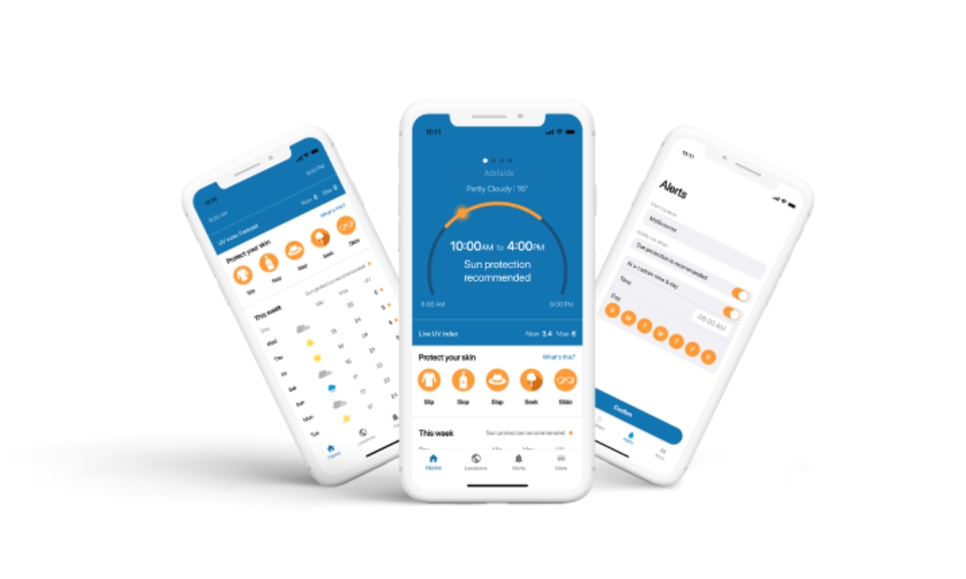 3 mobile phones showing new features of SunSmart Global UV app