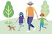 Image of a mother walking with children and a dog