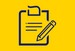 Yellow background with blue icon of clipboard and pencil